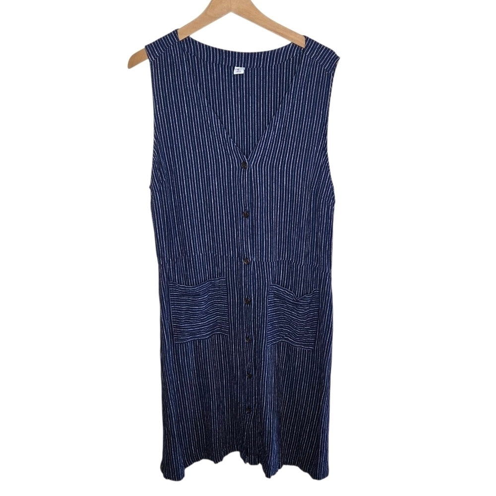 Old Navy Blue White Striped Linen Blend Button Front Sleeveless Dress Size XL